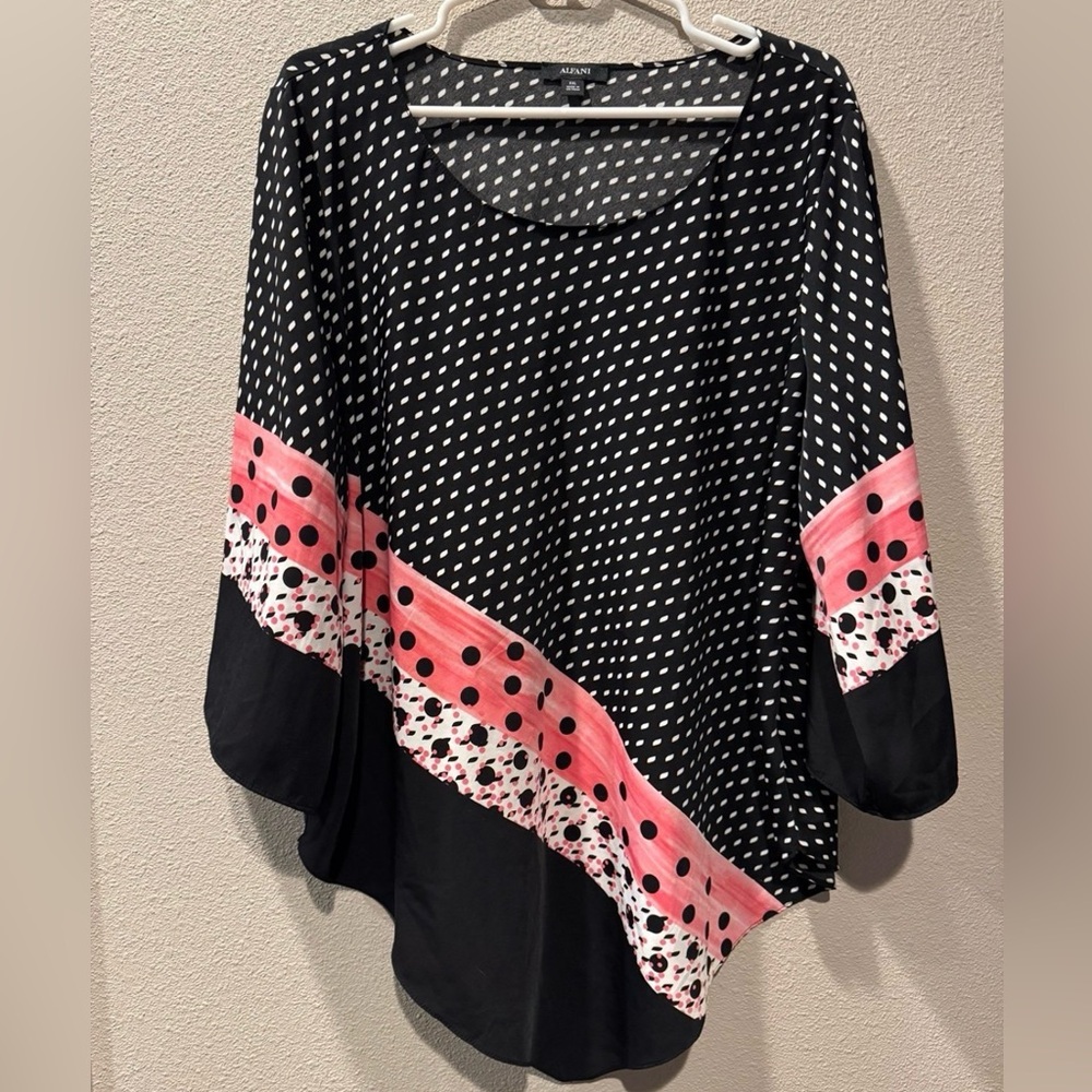 Alfani Black and Pink Polka Dot V Hem Blouse